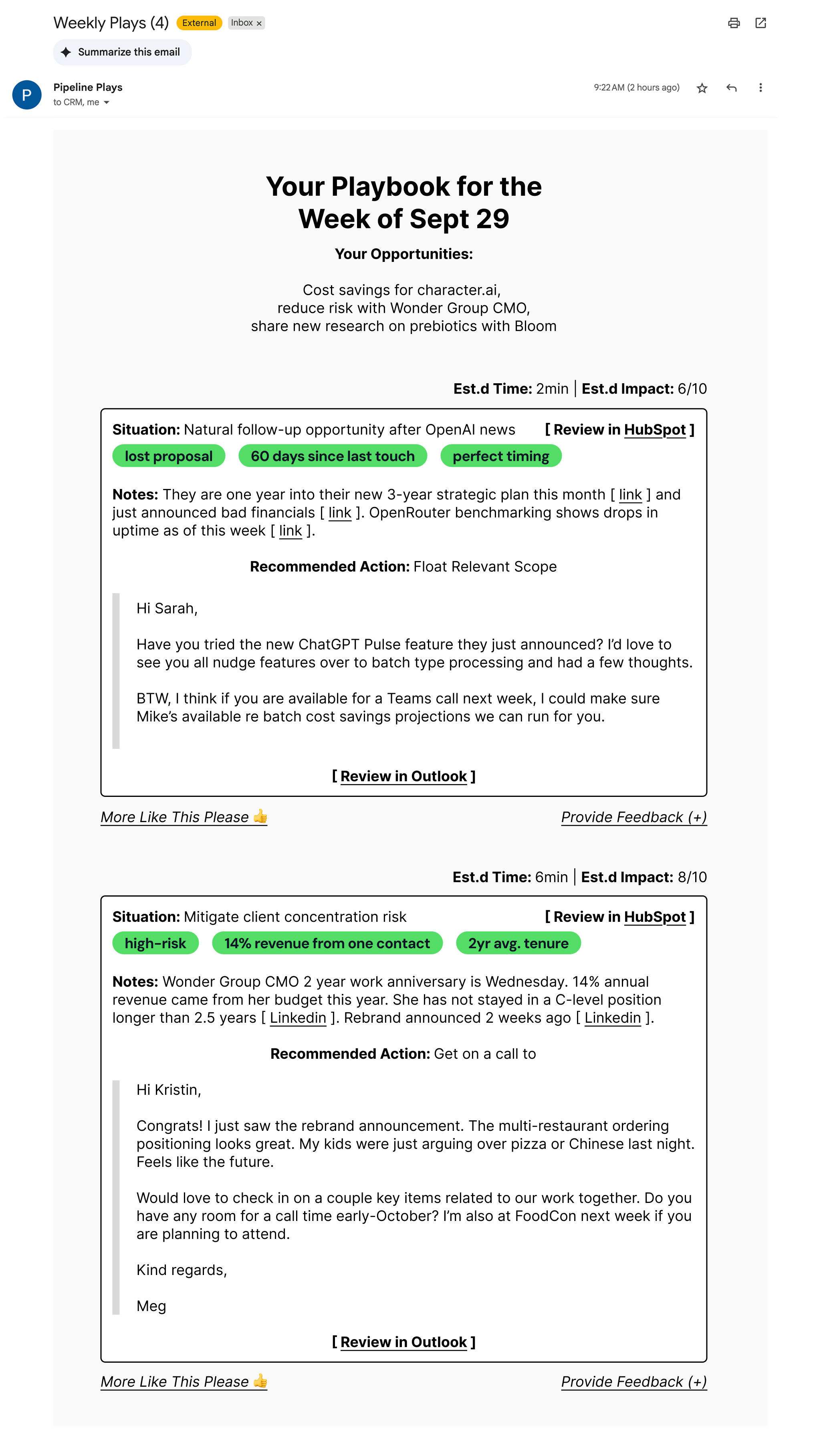 Weekly plays newsletter preview showing featured pipeline plays
